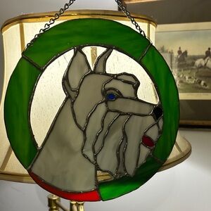 Stained Glass Dog Art with Green and White Accents White Schnauzer